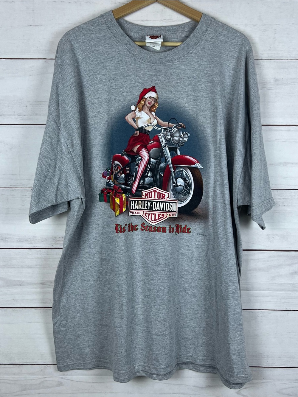 Harley Davidson Christmas Pinup Girl Lynchburg Tennessee T-Shirt Mens 2XL Gray